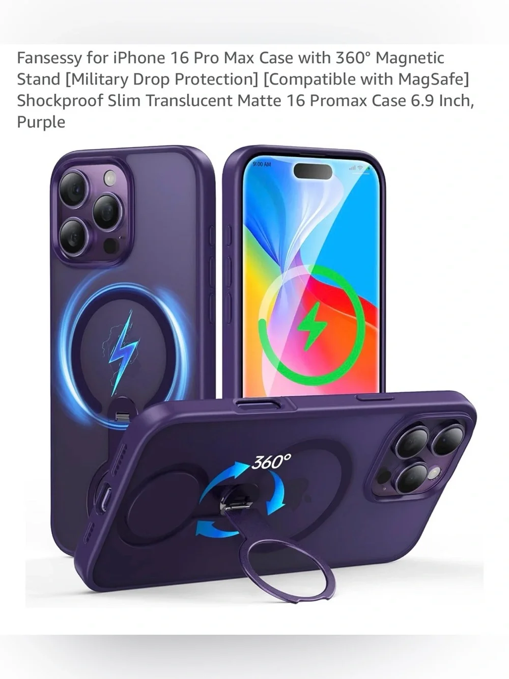 MagSafe-Compatible 360° Magnetic Ring iPhone 16 Pro Max Case - Purple NEW